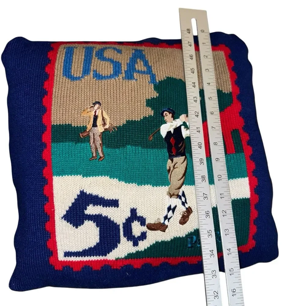 Vintage Golf Embroidered Graphic Knit Pillow Par‎ For USA Stamp Navy Blue - Picture 4 of 4